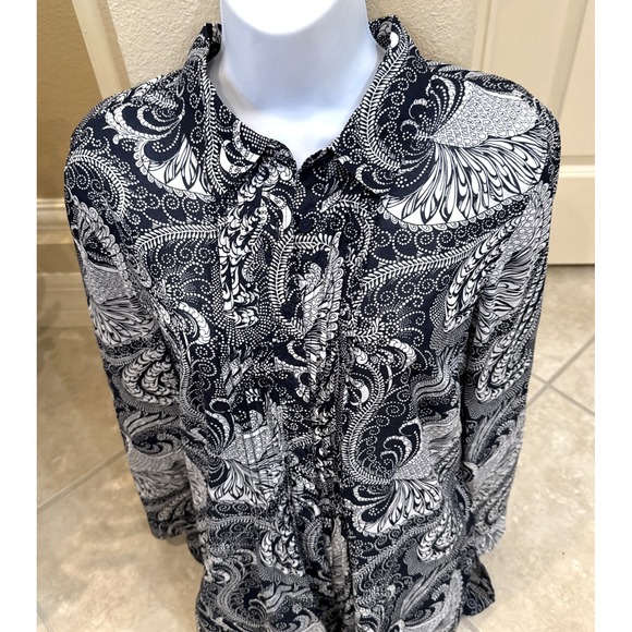 Talbots Floral Ruffle Button Up Shirt Blue Cottage Prairie Long Sleeve Size M - Picture 2 of 9